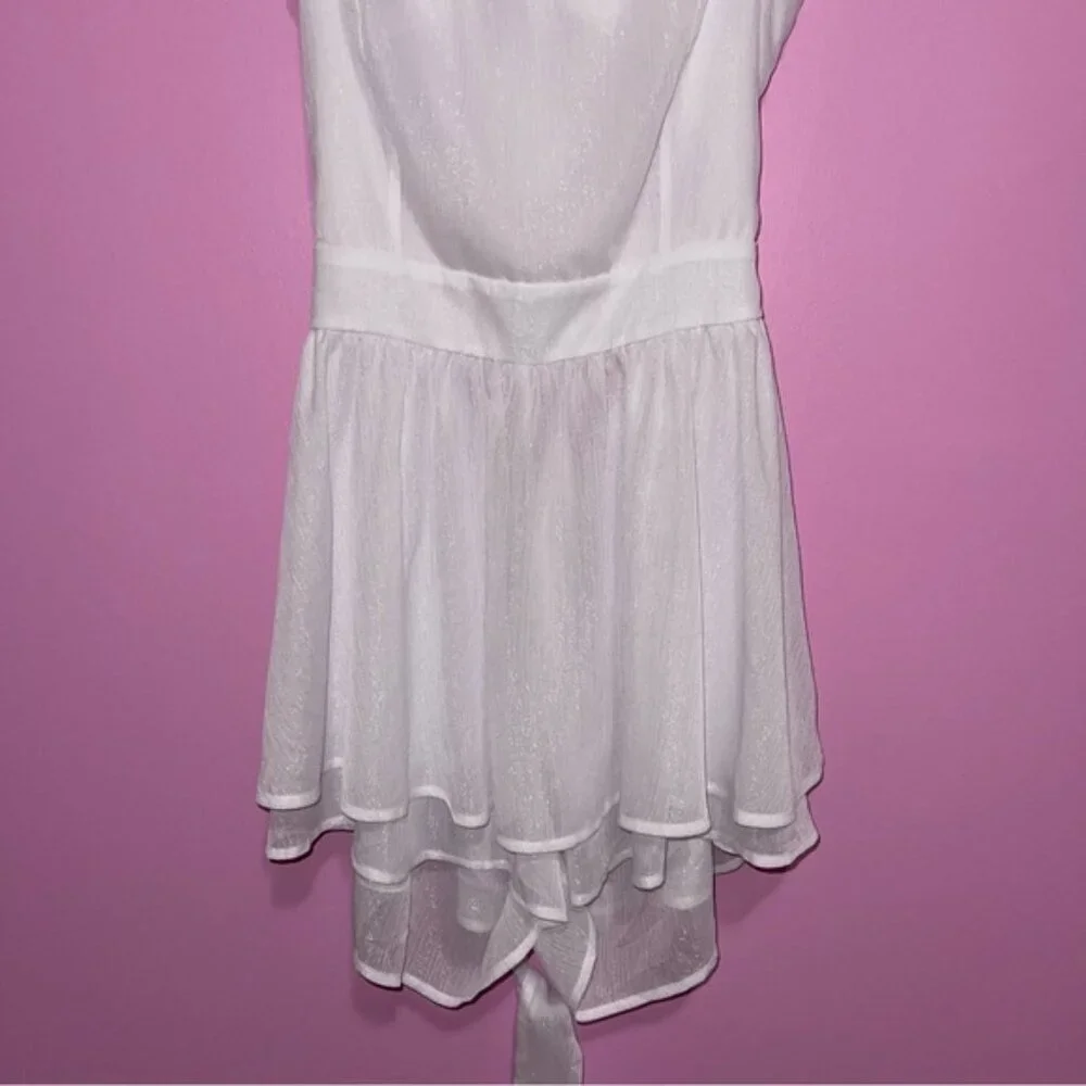 Lucy in the Sky Romper Women's Large White Shimmer Ruffle Hem Tie-Back‎ Dress